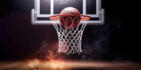 Wall Mural - Banner sports tournament Basketball, ball on dark background court, copy space. Generation AI