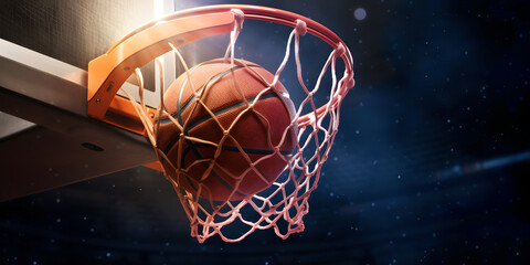 Wall Mural - Banner sports tournament Basketball, ball on dark background court, copy space. Generation AI