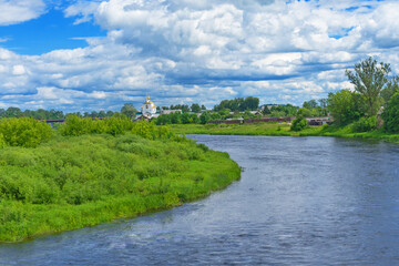 Wall Mural - Landscape with a church, a river and a bridge. Middle-Russian strip. Summer. City Island