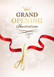 Grand opening invitation card with cut red ribbon and gold scissors.