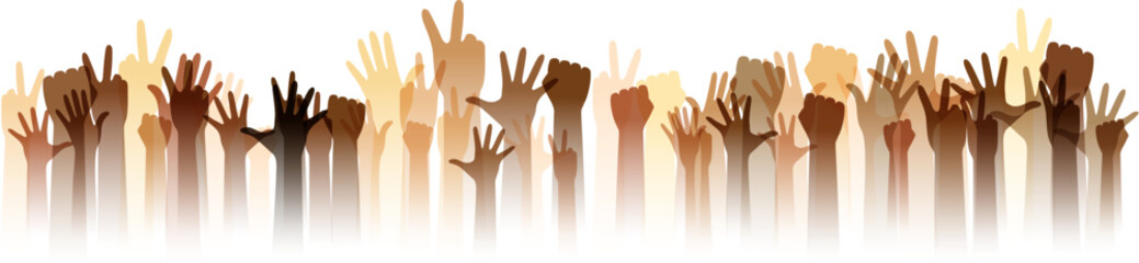 Hands up silhouettes, horizontal border. Decoration element from human raised hands. Conceptual illustration for festivals, concerts, social public communities, education or volunteering.