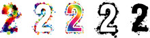 2 Numbers With Rainbow And Black Paint Splash Decorative Elements. Colorful 2 Number Emblems Collection. Vector Illustration In Artistic Style.