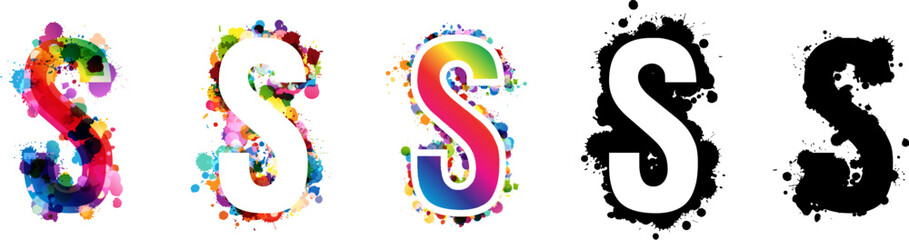 Wall Mural - s letters with rainbow and black paint splash decorative elements. colorful s letter emblems collect