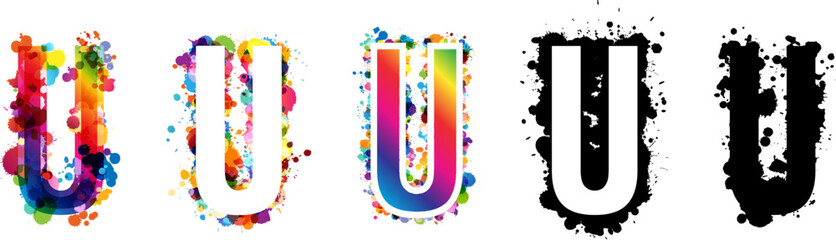 Wall Mural - u letters with rainbow and black paint splash decorative elements. colorful u letter emblems collect