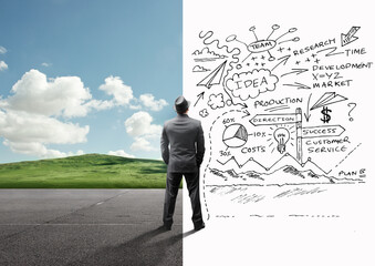 Wall Mural - A businessman between a calm landscape and busy mind. Business strategy concept.