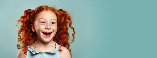 Wall Mural - Smiling small ginger red curly hair girl with freckles. She looks cute and innocent, but is probably little rascal. Banner with empty copy space on side. Generative AI