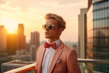 Happy wealthy rich successful business man standing in big city modern skyscrapers street on sunset thinking of successful future vision, dreaming of new investment opportunities.
