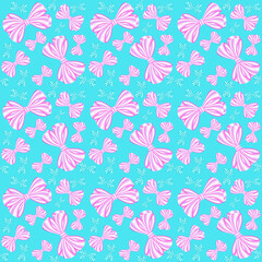 Sticker - Seamless pattern with pink and blue bows from striped ribbons on a blue background, can be used as a print for textiles, children's and women's clothes and bed-clothes, wrapping paper