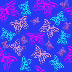 Wall Mural - Bright, colorful butterflies seamless pattern on a blue background. Template of fabric print for umbrella, childrens and female clothes or notebook cover.