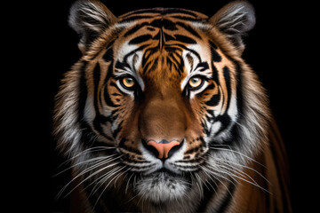 tiger, front view, black background, hyperrealistic photography, ai generated.