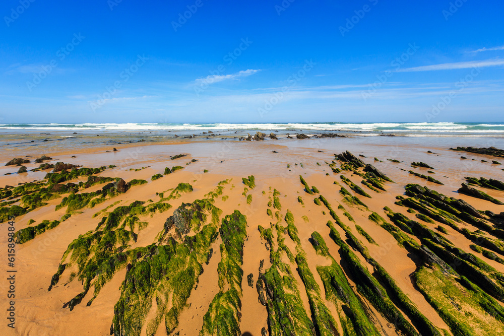 Rock formations on sandy beach (Algarve, Costa Vicentina, Portugal).
