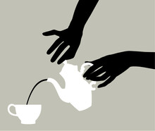 Black And White Silhouettes Of Female Hands With A Teapot Pour Coffee Or Tea Into A Cup. Vector Illustration