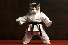 Cat Wearing Kimono For Martial Arts. Kitten Practicing Kung Fu Or Karate. Anthropomorphic Fighter. Created With Generative AI