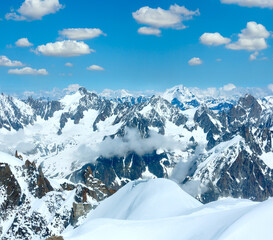 Sticker - Mont Blanc mountain massif summer landscape with blue cloudy sky (view from Aiguille du Midi Mount, France )