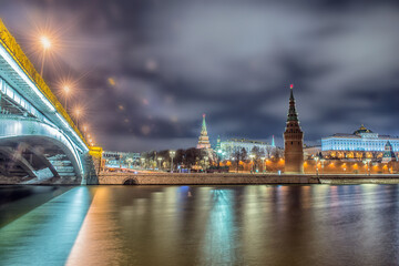 Wall Mural - Russia, Moscow, night view of the Moskva River, Bridge and the Kremlin