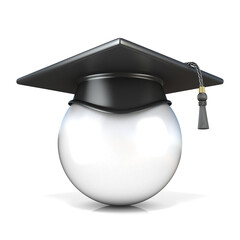 Wall Mural - White ball with graduation cap, front view. Conceptual illustration. 3D render illustration isolated on white background