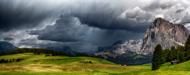 Canvas Print - storm over the mountains Dolomiti in the summer season with green meadow illuminated of the Sun