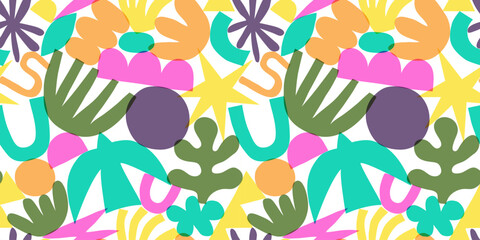 Abstract modern art seamless pattern with colorful freehand doodles. Organic flat cartoon background, simple summer shapes in bright childish colors. 