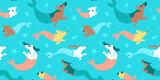 Fototapeta Dinusie - Funny dog mermaid swimming underwater cartoon seamless pattern in flat illustration style. Cute summer puppy pet group in beach background texture. Under water sea dogs wallpaper print.