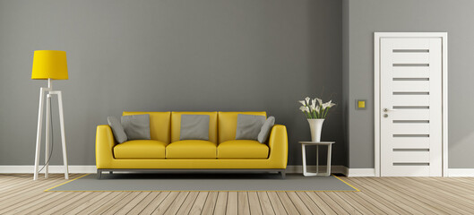 Wall Mural - Gray living room with yellow sofa,floor lamp and closed door - 3d rendering