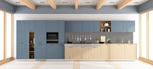 Wall Mural - Modern wooden and purple kitchen in a room with large 3d rendering