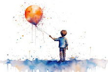 Lonely Child With Symbolic Red Balloon Of Hope Watercolor Painting Texture