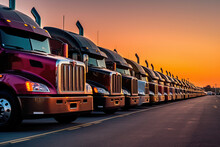several semi trucks parked on the side of the road in front of an orange and blue sky at sunset time
