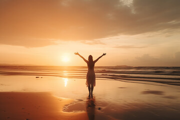 Silhouette of happy woman with raised hands on the beach at sunset. Generative AI