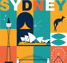 Typography Word "Sydney" Branding Technology Concept. Collection Of Flat Vector Icons, Culture Travel Set Famous Architectures, Specialties Detailed Silhouette. Australian Landmark Video Split Screen