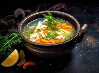 Wall Mural - Fresh fish soup in bowl on black background, top view. Created with Generative AI technology.