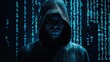 © ArtCraft - Hacker on blue digital background. Dangerous hacker. Internet, cyber crime, breaking and malware concept. Futuristic holographic interface to display data. Cyber security concept. Generative ai