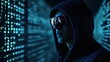 © ArtCraft - Hacker in a sunglasses on blue digital background. Concept of cyber security and attack. Internet hacking.  Geek in a dark room. Concept - computer geek. Generative ai
