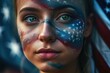 © ArtCraft - fan girl in the colors of the U.S. Flag of USA on his face and in the background. Generative ai