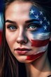 © ArtCraft - fan girl in the colors of the U.S. Flag of USA on his face and in the background. Generative ai