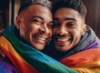 © ArtCraft - Happy homosexual men or gay couples are embracing and smiling together with a rainbow flag. Concept of LGBTQ pride. Generative AI