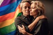 © ArtCraft - Lesbian homosexual women couple are embracing together with a rainbow flag. Equal rights for the lgbt community, intimacy and feelings for two girls. Concept of LGBTQ pride. Generative AI
