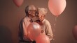 © ArtCraft - A married couple of pensioners who are happy in love and have a matching outfit of pastel colors. Love that lasts forever. Grandparents holding a heart shaped balloon. Generative AI