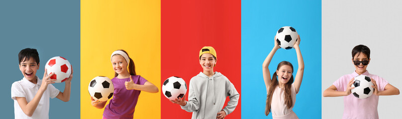 Wall Mural - Set of children with soccer balls on color background