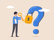 Wisdom or understanding concept. Key to unlock answer for problem and questions, solution or reason to solve problem, smart businessman holding golden key to unlock keyhole on question mark sign.