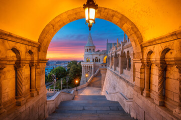 Wall Mural - Cityscape image of the Fisherman's Bastion in Budapest, capital city of Hungary, during sunrise.