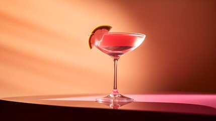 Wall Mural - Cosmopolitan Cocktail in martini glass garnished with lime twist on a pastel pink modern background, sunlight, bokeh, hard shadows, banner, summer aperitif, AI Generated.