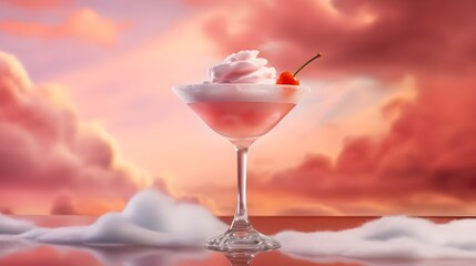 Wall Mural - Minimal summer dream concept with martini glass Cosmopolitan cocktail drink and dreamy clouds on pink sunset sky background. Fashion, party, dreaming creative idea with copy space. AI Generated.