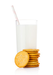 Canvas Print - Glass of milk with round cheese crackers on white background