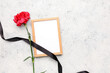 Red carnation with black ribbon and photo frame on white grunge background