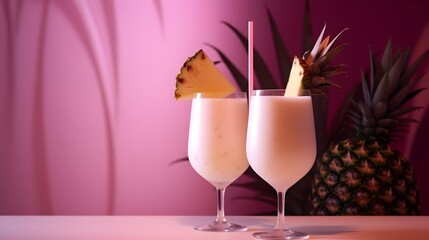 Wall Mural - Two glasses with tasty Pina Colada cocktail on a pink modern background, with copy space, sunlight, tropical shadows, AI generated.