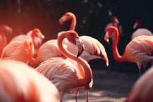 Flock Of Elegant Pink Flamingos Standing Together In The Water