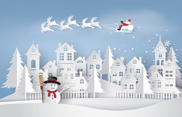 Merry Christmas and Happy New Year. Illustration of Santa Claus on the sky coming to City ,paper art and craft style.