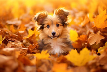 Shepherd Puppy In Yellow Leaves Of Autumn Trees In The Park