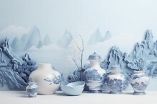 Art Porcelain Tableware In White With Blue National Traditional Designs. Vintage Japanese Tableware With Painting Against Light Color Wall. Generative AI Professional Photo Imitation.