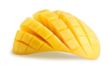 Canvas Print - Mango isolated. Mango slice cut to cubes close-up isolated on white background, clipping path included